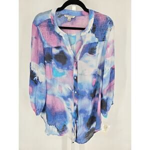 Zac & Rachel Womens Sz XL Long Sleeve Smocked Blouse Purple Pink Watercolor NEW